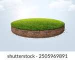 Green grass surface and soil with floating slice of land. Soil texture and flying land grass texture. 3d rendered, Floating in air with clouds and manipulation.