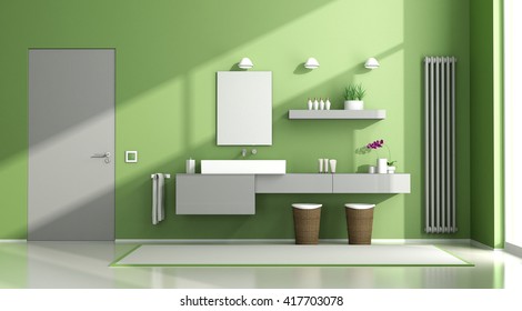 Green And Gray Contemporary Bathroom With Washbasin And Closed Door - 3d Rendering