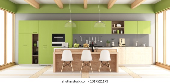Green and gray modern kitchen with island and chairs - 3d rendering