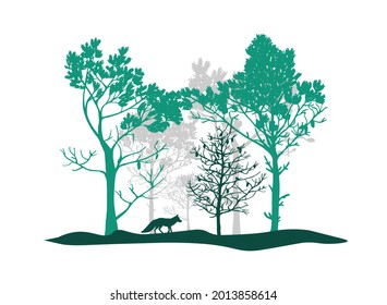 Green and gray set of trees, fox. Silhouettes of forest and animal. Illustration isolated on white background.