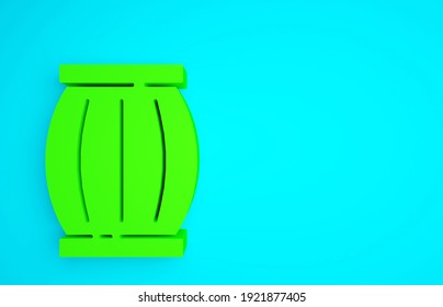 Green Gun powder barrel icon isolated on blue background. TNT dynamite wooden old barrel. Minimalism concept. 3d illustration 3D render.