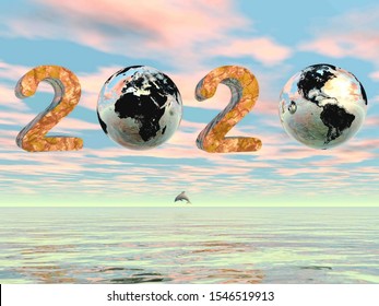 Green Happy New Year 2020 With Earth, Sunset Sky, Water And Dolphin - 3D Render