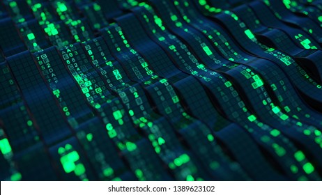 Green HEX digital data code on flexible screen. Futuristic information technologies or computer science concept. 3D render with DOF
