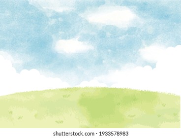 Green Hills And Blue Sky With Watercolor Background