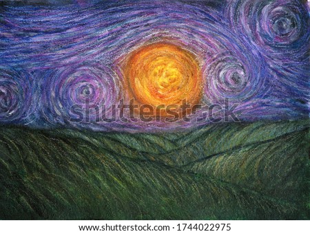 Green hills and sun. Painting in Van Gogh style. Stylized landscape. Impressionistic background. Hand Painted fields and fantastic sky with stars. Creative design.