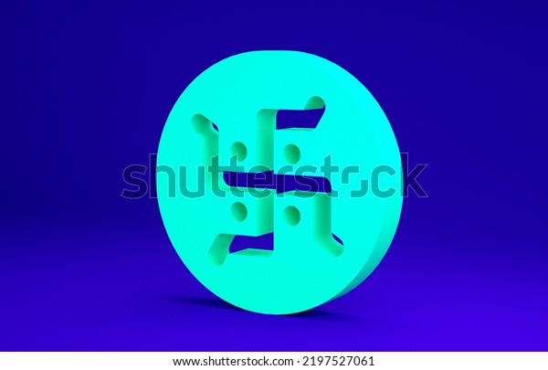 Green\
Hindu swastika religious symbol icon isolated on blue background.\
Minimalism concept. 3d illustration 3D\
render.