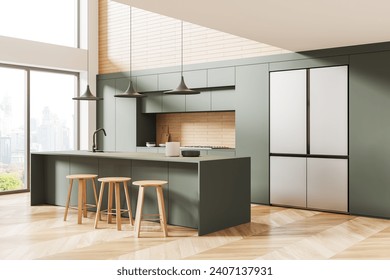 Green home kitchen interior with bar counter and stool, side view cooking cabinet with refrigerator and kitchenware. Eating corner with panoramic window on Bangkok skyscrapers. 3D rendering