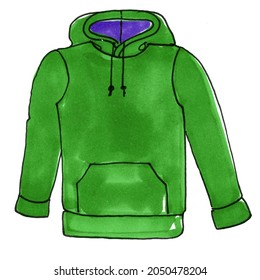 green hoodie and hood   pockets drawn and markers