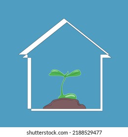 Green House 2d Illustration And Green Shoots On Blue Background