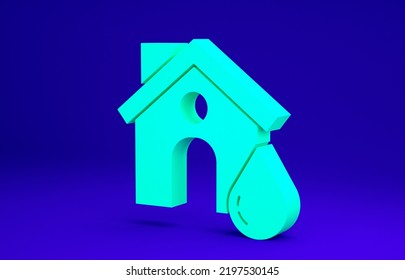 Green House Flood Icon Isolated On Blue Background. Home Flooding Under Water. Insurance Concept. Security, Safety, Protection, Protect Concept. Minimalism Concept. 3d Illustration 3D Render.