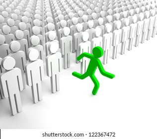 Green Human Figure Running from the Crowd of Gray Indifferent Humans