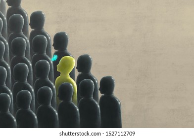 Green human looking at butterfly in group of gray people, robot, freedom hope contrast different and unique concept surreal illustration