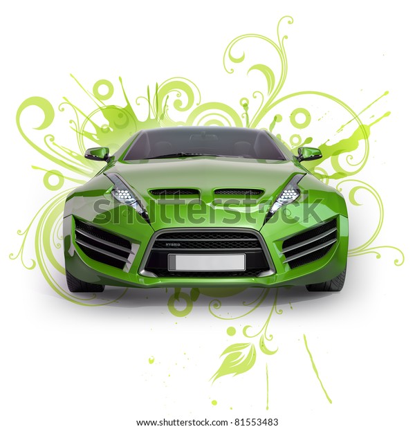 Green hybrid car on a abstract floral background.\
Non-branded concept\
car.