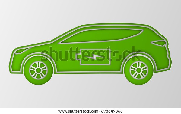 Green hybrid car in paper art style. Electric\
powered environmental vehicle side view. Contour automobile with\
battery sign.
