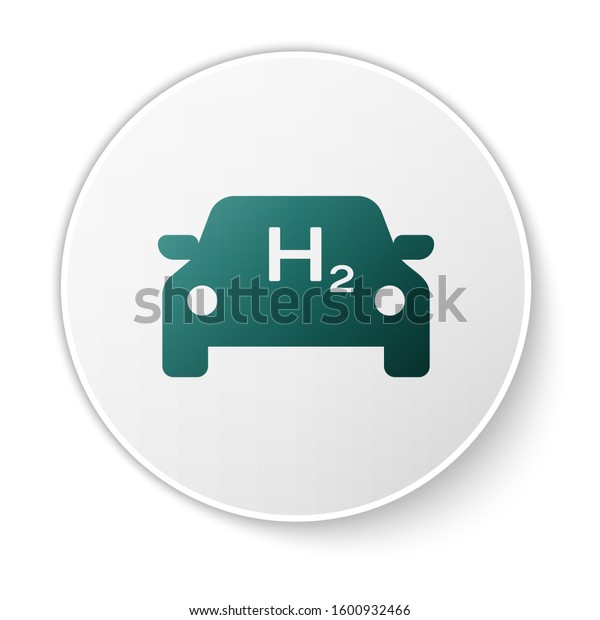 Green Hydrogen car icon isolated on\
white background. H2 station sign. Hydrogen fuel cell car eco\
environment friendly zero emission. White circle button.\
