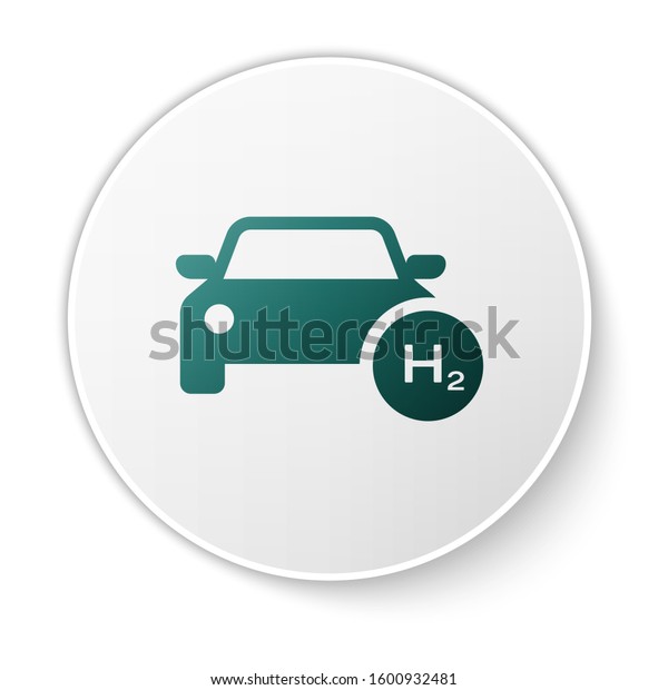 Green Hydrogen car icon isolated on
white background. H2 station sign. Hydrogen fuel cell car eco
environment friendly zero emission. White circle button.
