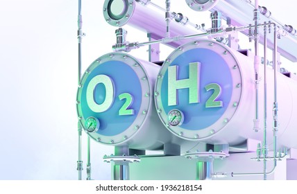 Green Hydrogen, the fuel of the future 3D illustration. Production of green hydrogen by electrolysis powered by renewable electricity, cleaner way of getting hydrogen H2, cut emissions from industries