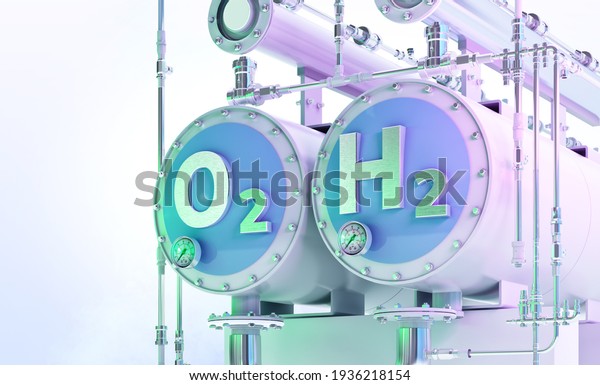 Green Hydrogen, the fuel of the future 3D\
illustration. Production of green hydrogen by electrolysis powered\
by renewable electricity, cleaner way of getting hydrogen H2, cut\
emissions from\
industries