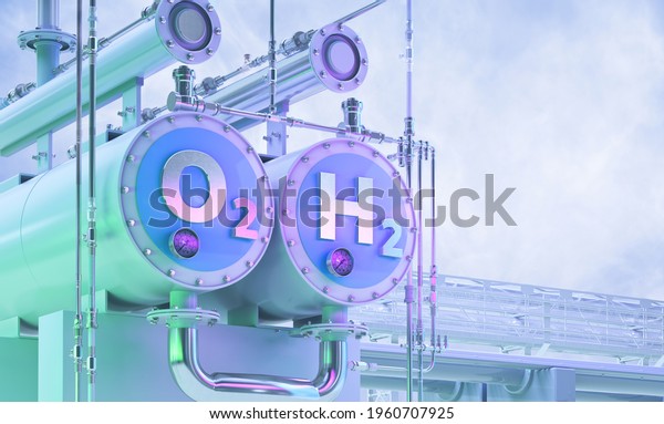 Green Hydrogen, future energy h2 fuel 3D\
illustration. Green hydrogen production by electrolysis technology,\
renewable electricity, alternative eco way of getting hydrogen H2,\
cut industry\
emissions