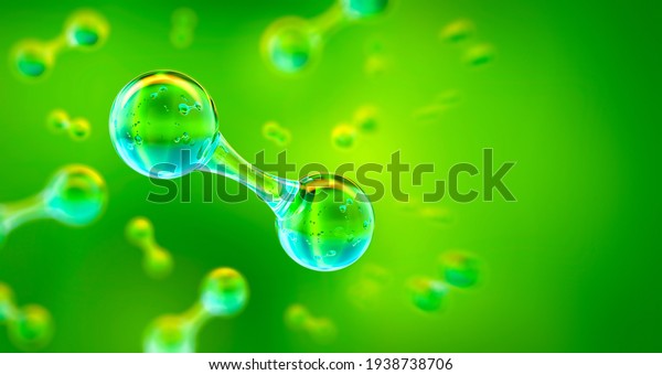 Green Hydrogen H2 gas molecule. Production of\
green hydrogen energy powered by renewable electricity, sustainable\
alternative clean hydrogen H2 eco energy, the fuel of th future\
industry 3D\
background
