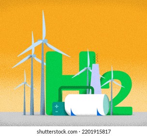 Green Hydrogen Production Station With Wind Energy Production And Illustration About Green Energy Generation Process.