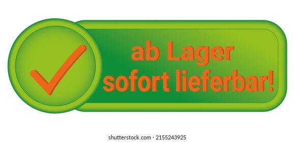 A green icon with a checkmark and text, ready to ship from stock! in German in orange color.