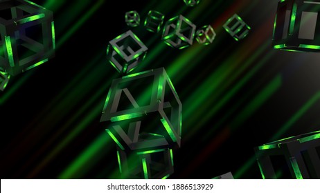 Green illuminated Hot Iron Cube with blue stretched prism. Blockchain network technology concept illustration. 3D illustration. 3D high quality rendering.