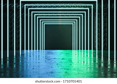 Green interior with abstract luminous rectangle corridor. Innovation and modern concept. 3D Rendering