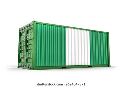 Green intermodal freight container featuring Nigerian flag, representing global shipping and logistics. 3D Rendering