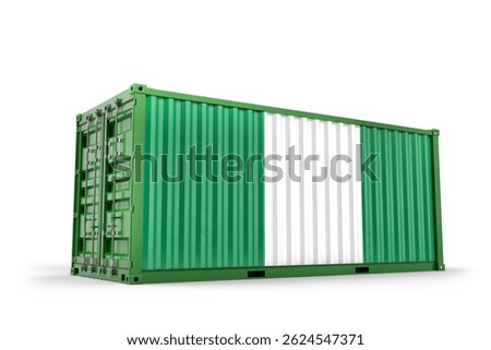 Green intermodal freight container featuring Nigerian flag, representing global shipping and logistics. 3D Rendering