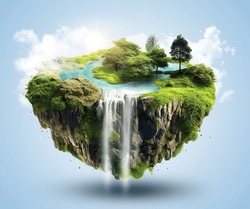 Green Island With Trees And Blue Ocean With Waterfalls. Floating Island With Greenery And River Isolated With Clouds And Sun. 