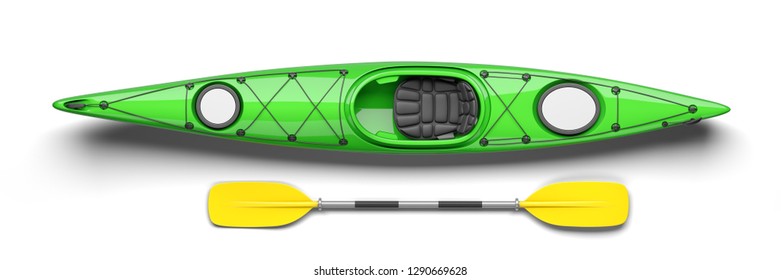 Green Kayak And Oar On Top View 3D. Isolated On White Background