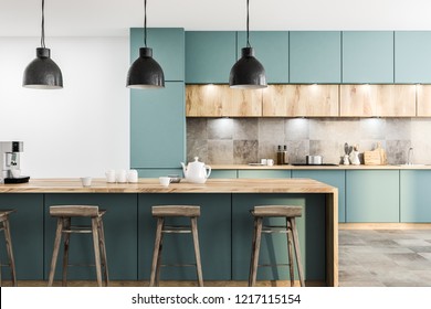 Green Kitchen With Bar Close Up