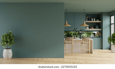 Green kitchen room   minimalist interior design 3d rendering
