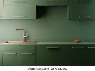 Green kitchen tabletop with empty space for your product display over beautiful green kitchen room background. Golden sink details. Minimal elegant trendy kitchen. 3d rendering.