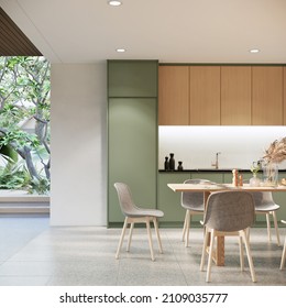 Green Kitchen With Wooden Cabinet Dining Table And Chair In Void Deck Area And Terrace In The Pool Villa, 3d Rendering.