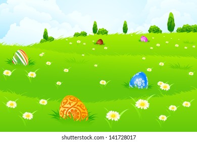 Green Landscape Background with Easter Eggs, Flowers, Trees and Clouds