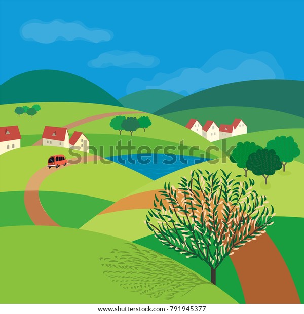 Green landscape. Fancy comic drawn cartoon
outdoors style. Farm houses, country winding road on meadow, field,
blooming tree. Rural community view among hills. Village
countryside scene
background