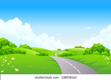 Green Landscape Road Trees Clouds Stock Illustration 138958163 