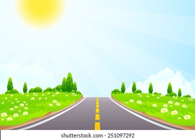 Spring Summer Road Mountain Illustration Cartoon Stock Vector (Royalty ...