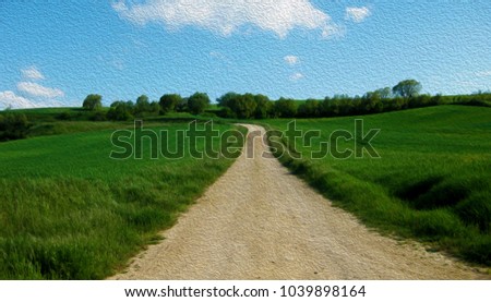 Similar – Image, Stock Photo Harmonious landscape panorama with an expansive meadow of golden yellow wild grasses and a green mixed forest in the background (Germany, midsummer)