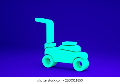 Green Lawn Mower Icon Isolated On Blue Background. Lawn Mower Cutting Grass. Minimalism Concept. 3d Illustration 3D Render.