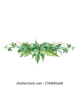 Green leaf arrangement watercolor illustration. Eucalyptus, ivy and monstera exotic leaves in decorative bouquet. Lush tropical floral greens decor for wedding. Isolated on white background.