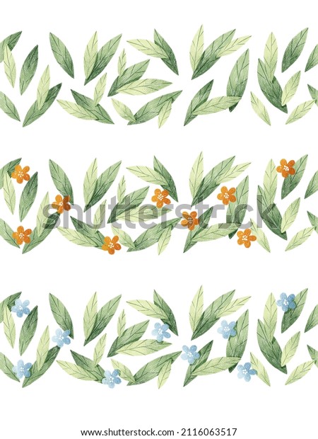 Green leaves, blue and orange flowers\
seamless border. Lovely and elegant foliage border. Greeting card\
template. Botanical\
illustration.
