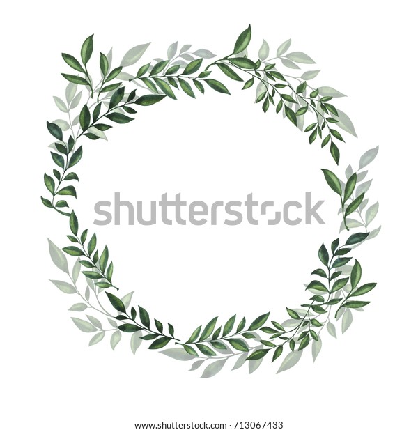 緑の葉と枝は丸い枠です ロゴ グリーティングカード 結婚式の招待状のデザイン 手描きの水彩イラスト のイラスト素材