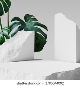 Green leaves and stone slabs product display, white podium and platforms, 3d rendering.