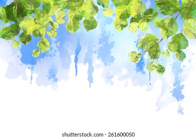 Green Leaves, Tree Branches, Watercolor Summer Background. Birch Foliage Drawing On Blue Sky Painting