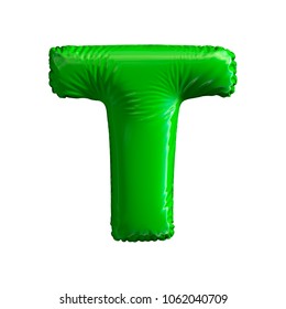 Green letter T made of inflatable balloon isolated on white background. 3d rendering