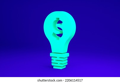 Green Light Bulb With Dollar Symbol Icon Isolated On Blue Background. Money Making Ideas. Fintech Innovation Concept. Minimalism Concept. 3d Illustration 3D Render.