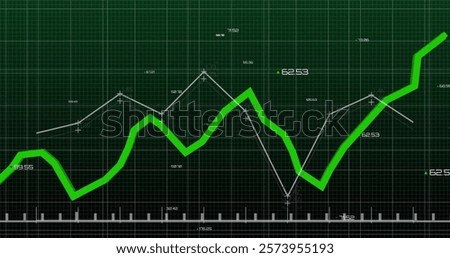Green line graph and data points over grid background, financial analysis image. Finance, growth, investment, analytics, statistics, economics